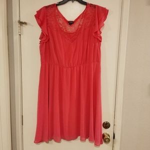 Flutter sleeve lace neckline coral dress